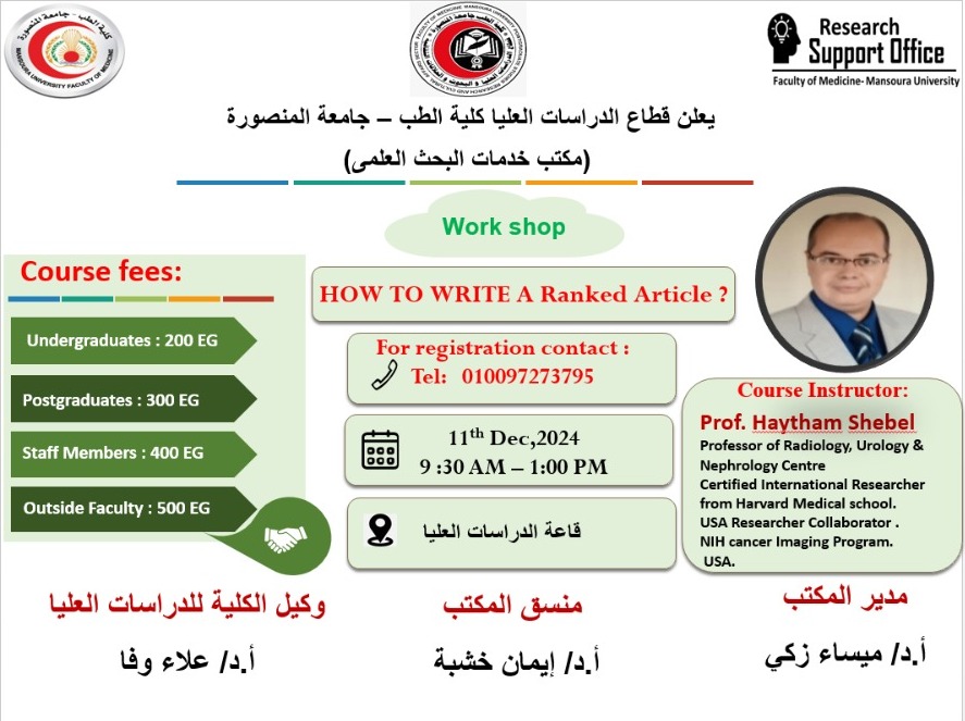  يعلن قطاع الدراسات العليا بالتعاون مع مكتب البحث العلمي عن ورشه عمل بعنوان How To Write A Ranked Article ?