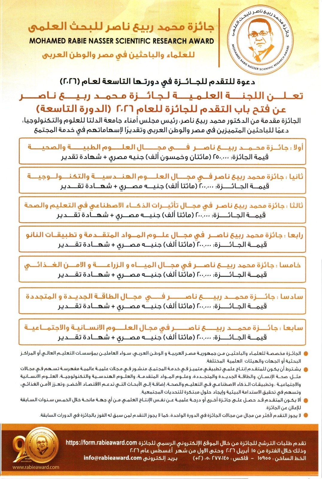 دعوة للتقدم لجائزة محمد ربيع ناصر للبحث العلمي في دورتها التاسعة لعام 2026